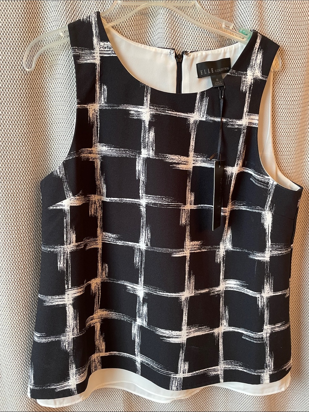 Elle Collection Black & White Brushstroke Grid Sleeveless Blouse